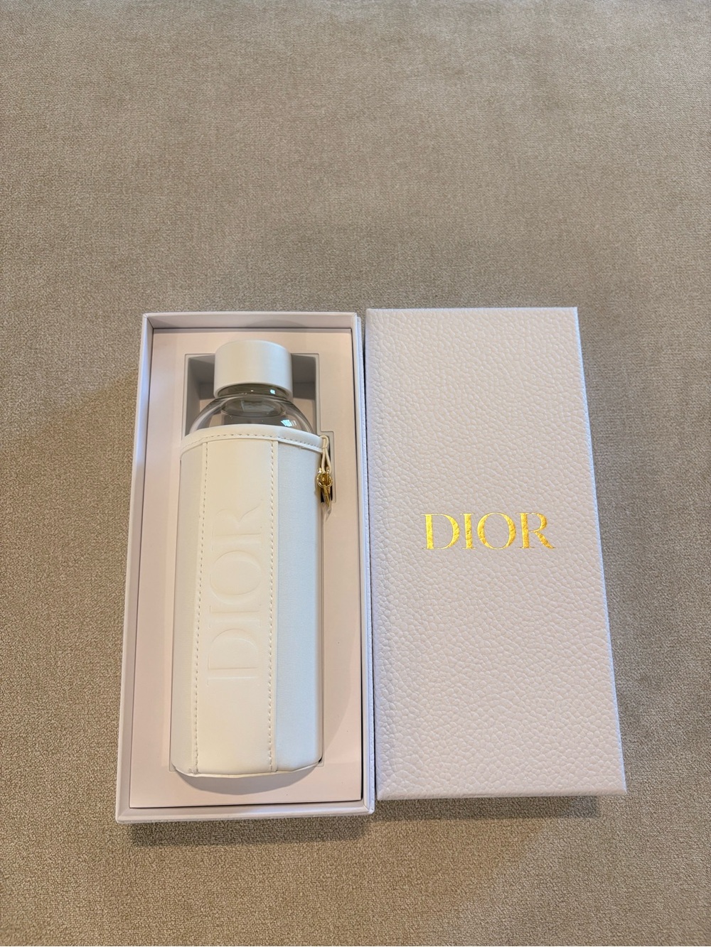 DIOR Beauty VIP GWP Glass Water Bottle white sleeve gold star charm NIB